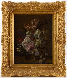 CONTINENTAL SCHOOL (19TH CENTURY) DUTCH-STYLE FLORAL STILL-LIFE PAINTING: CONTINENTAL SCHOOL (19TH CENTURY) DUTCH-STYLE FLORAL STILL-LIFE PAINTING, oil on panel, depicting a colorful arrangement of fritillaria, parrot tulips, narcissus, and bearded iris in a glass vessel su