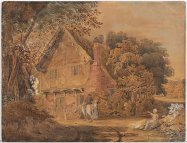 GEORGE MORLAND (BRITISH, 1763-1804) LANDSCAPE WITH FIGURES AT A COUNTRY HOUSE
