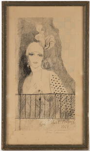 MARIE LAURENCIN (FRENCH, 1883-1956) "PORTRAIT DE LA BARONNE GOURGAUD" LITHOGRAPH: MARIE LAURENCIN (FRENCH, 1883-1956) "PORTRAIT DE LA BARONNE GOURGAUD" LITHOGRAPH, lithograph on paper with hand coloring in blue crayon, depicting Eva Gebhard Gourgaud regally dressed with a