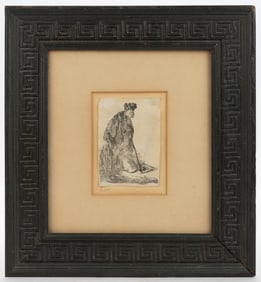 REMBRANDT VAN RIJN (DUTCH, 1606-1669) MAN IN A COAT AND FUR CAP LEANING AGAINST A BANK ETCHING