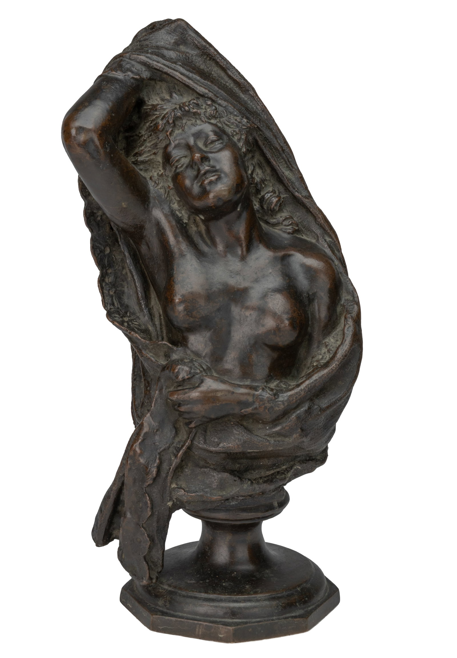 CONTINENTAL ART NOUVEAU BRONZE BUST OF A WOMAN, POSSIBLY LOIE FULLER: CONTINENTAL ART NOUVEAU BRONZE BUST OF A WOMAN, POSSIBLY LOIE FULLER, of hollow form, depicting a nude woman draped in a shawl or cloth, possibly preforming some form of dance supported on a circular 