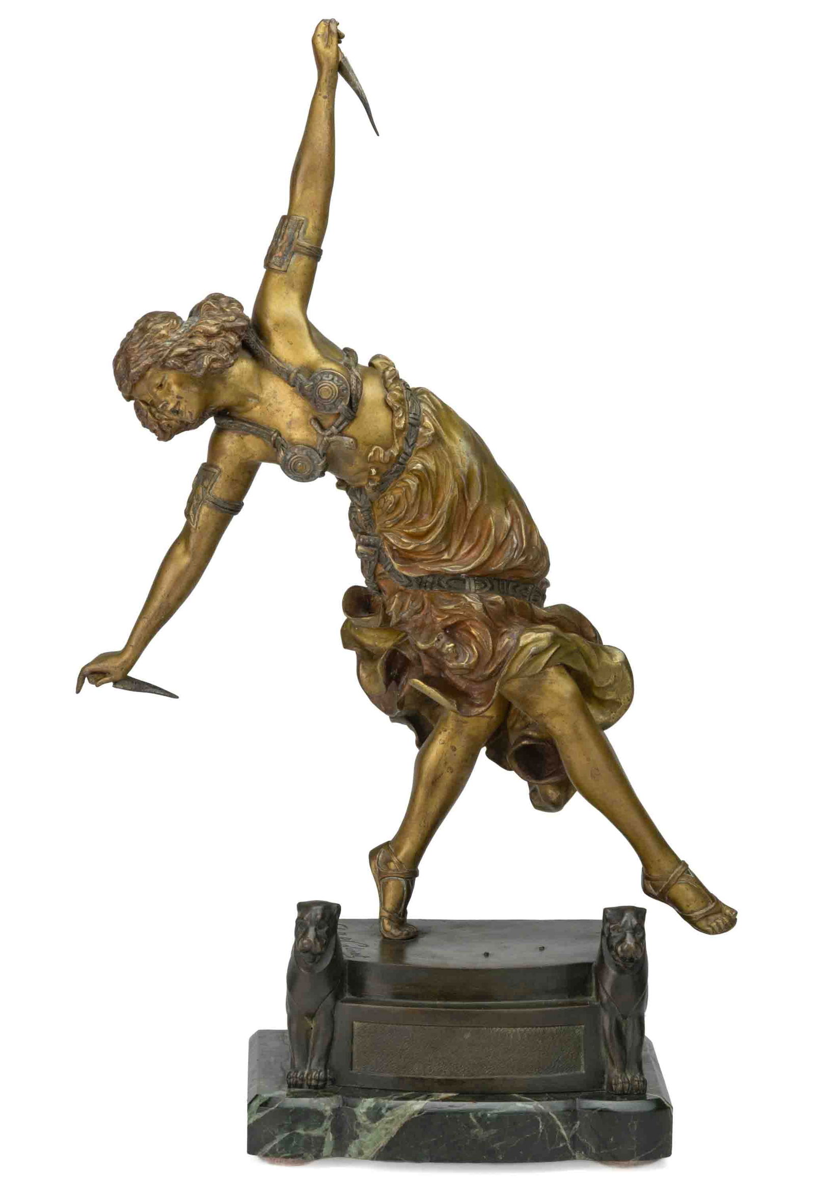 CLAIRE JEANNE ROBERTE COLINET (BELGIAN, 1880-1950) "DANSEUSE ORIENTALE AUX POIGNARDS" / "DANCER OF: CLAIRE JEANNE ROBERTE COLINET (BELGIAN, 1880-1950) "DANSEUSE ORIENTALE AUX POIGNARDS" / "DANCER OF THE DAGGERS" BRONZE STATUE, (updated 4/14/2025) cast-bronze with a patinated