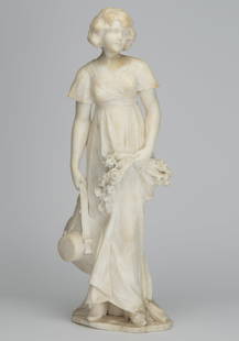 AMERICAN OR EUROPEAN ART NOUVEAU CARVED MARBLE/ALABASTER STATUE OF A LADY: AMERICAN OR EUROPEAN ART NOUVEAU CARVED MARBLE/ALABASTER STATUE OF A LADY, depicting a young lady with her hair pulled back in a bun, she is dressed in an Empire-waisted dress with short flared sleeve
