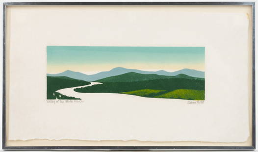 SABRA FIELD (VERMONT, B. 1935) "VALLEY OF THE WHITE RIVER" WOODBLOCK PRINT: SABRA FIELD (VERMONT, B. 1935) "VALLEY OF THE WHITE RIVER" WOODBLOCK PRINT, depicting a verdant landscape with a river winding through the hills. Pencil titled and signed in the lower m