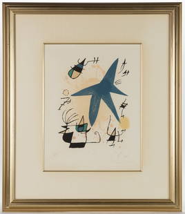 JOAN MIRO (SPANISH, 1893-1983) "ETOILE BLEU" / "THE BLUE STAR" LITHOGRAPH: JOAN MIRO (SPANISH, 1893-1983) "ETOILE BLEU" / "THE BLUE STAR" LITHOGRAPH, color lithograph on paper, depicting a blue five-pointed star surrounded by various abstract forms. Penci