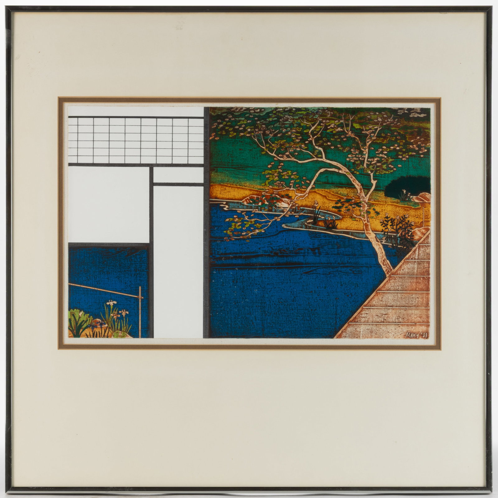 GORDON MAHY (KENTUCKY / NEW YORK, 1932-1998) "PAVILION AND GARDEN" MIXED MEDIA ARTWORK: GORDON MAHY (KENTUCKY / NEW YORK, 1932-1998) "PAVILION AND GARDEN" MIXED MEDIA ARTWORK, a variety of mixed media, in the Japanese taste, the composition showing an intricately detailed 