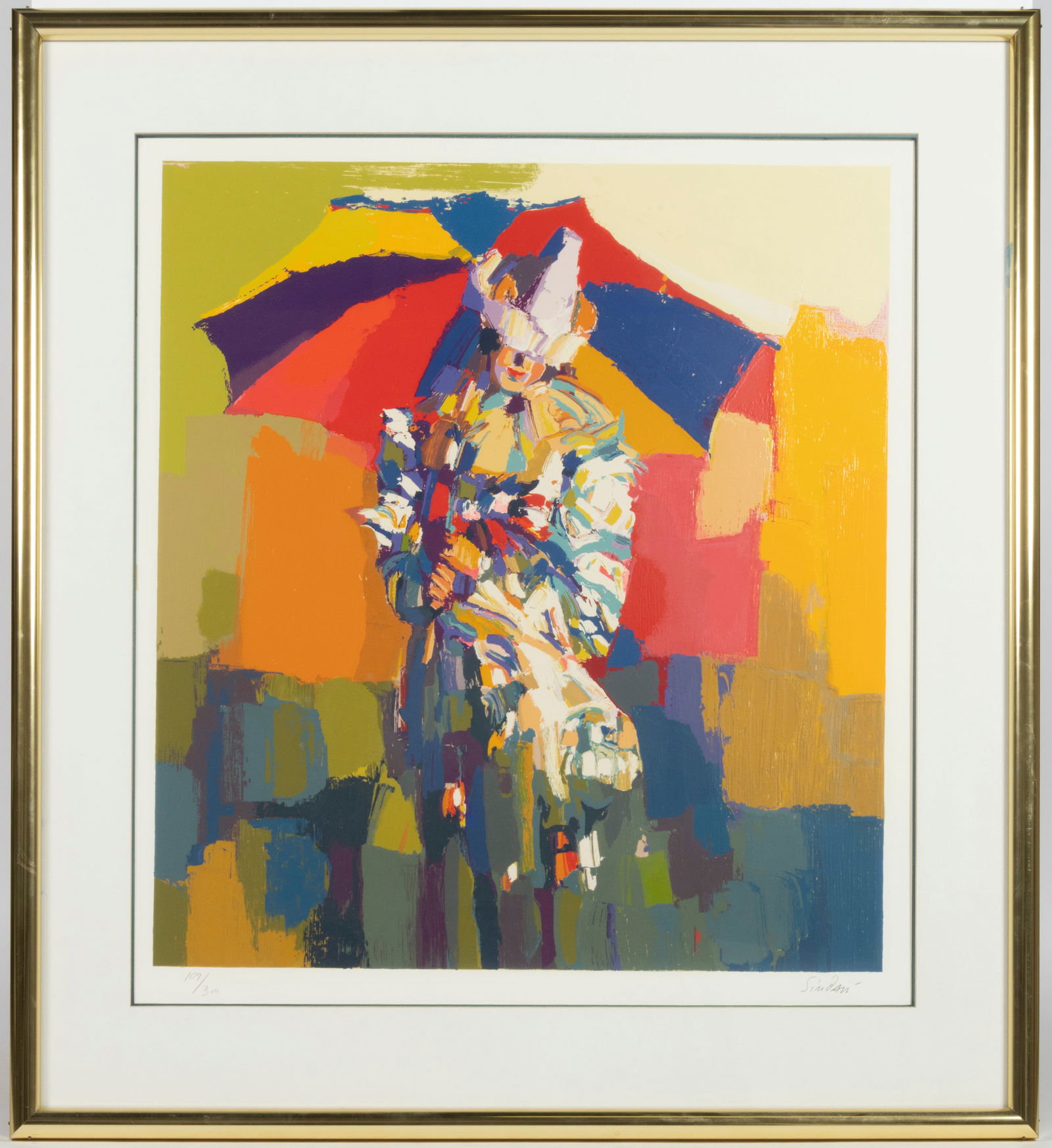 NICOLA SIMBARI (ITALIAN, 1927-2012) "CLOWN A L'OMBRELLE" PRINT (1 of 4)