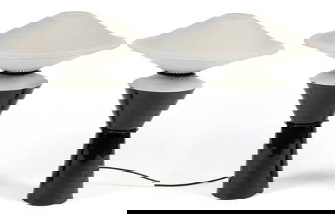 PAIR OF GIUSEPPE RAMELLA FOR ARTELUCE "GIADA" POST-MODERN TABLE LAMPS: PAIR OF GIUSEPPE RAMELLA FOR ARTELUCE "GIADA" POST-MODERN TABLE LAMPS, the frosted glass umbrella-form shade rests on a white-painted metal supports, the base has an interior light which shi