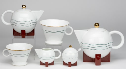 AMERICAN RETAILED MICHAEL GRAVES FOR SWID POWELL POST-MODERN PORCELAIN SEVEN-PIECE COFFEE SET