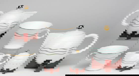 AMERICAN RETAILED MICHAEL GRAVES FOR SWID POWELL POST-MODERN PORCELAIN SEVEN-PIECE COFFEE SET: AMERICAN RETAILED MICHAEL GRAVES FOR SWID POWELL POST-MODERN PORCELAIN SEVEN-PIECE COFFEE SET, comprising two globular-form coffee pots on cross bases including a Big Dripper with drip cone and a