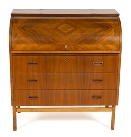 EGON OSTERGAARD, ATTRIBUTED, SCANDINAVIAN MID-CENTURY MODERN TEAK VENEERED ROLL-TOP DESK