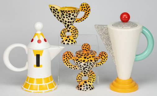 ASSORTED POST-MODERN PORCELAIN COFFEE AND TEA ARTICLES, LOT OF FOUR: ASSORTED POST-MODERN PORCELAIN COFFEE AND TEA ARTICLES, LOT OF FOUR, comprising one coffee pot designed by Robert Venturi for NYC retailer Swid Powell coffee titled "Village" depicting a sty