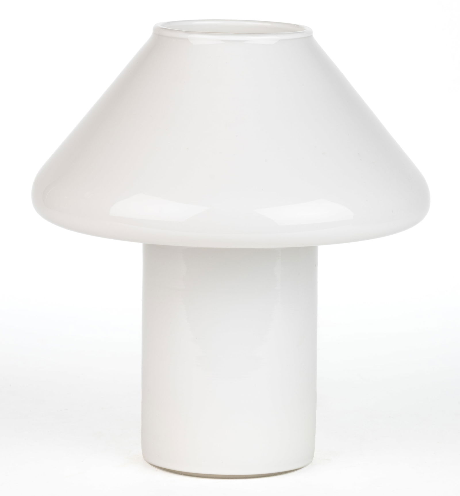 HALA ZEIST MID-CENTURY MODERN MILK GLASS MUSHROOM LAMP: HALA ZEIST MID-CENTURY MODERN MILK GLASS MUSHROOM LAMP, constructed of one piece of glass with a single light socket in the base and the cord fitted to exit out the side of the base. Retains the origi