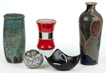 ASSORTED STUDIO POTTERY VASES AND OTHER ARTICLES, LOT OF FIVE