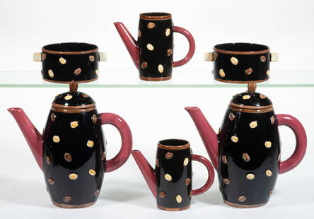 AMERICAN RETAILED CHARLES MASSON FOR SWID POWELL POST-MODERN "BEAN" THREE-PIECE COFFEE SETS, LOT OF: AMERICAN RETAILED CHARLES MASSON FOR SWID POWELL POST-MODERN "BEAN" THREE-PIECE COFFEE SETS, LOT OF TWO, each having relief coffee bean decorations on dark brown ground, comprising