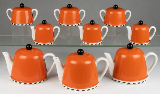 AMERICAN RETAILED GEOFFREY BEENE (AMERICAN, 1924-2004) FOR SWID POWELL POST-MODERN PORCELAIN: AMERICAN RETAILED GEOFFREY BEENE (AMERICAN, 1924-2004)Â FOR SWID POWELL POST-MODERN PORCELAIN THREE-PIECE TEAÂ SETS, LOT OF THREE, each comprising a teapot, a sugar, and a creamer with alterna