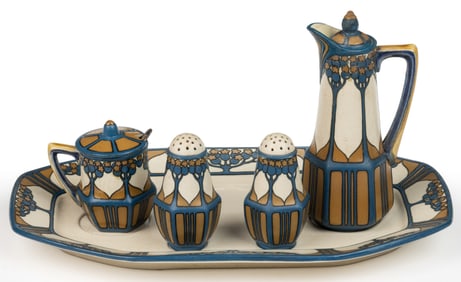 GERMAN METTLACH ARTS AND CRAFTS CERAMIC PARTIAL CONDIMENT SET, LOT OF FIVE