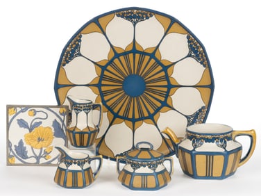 GERMAN METTLACH ARTS AND CRAFTS CERAMIC FIVE-PIECE TEA SET