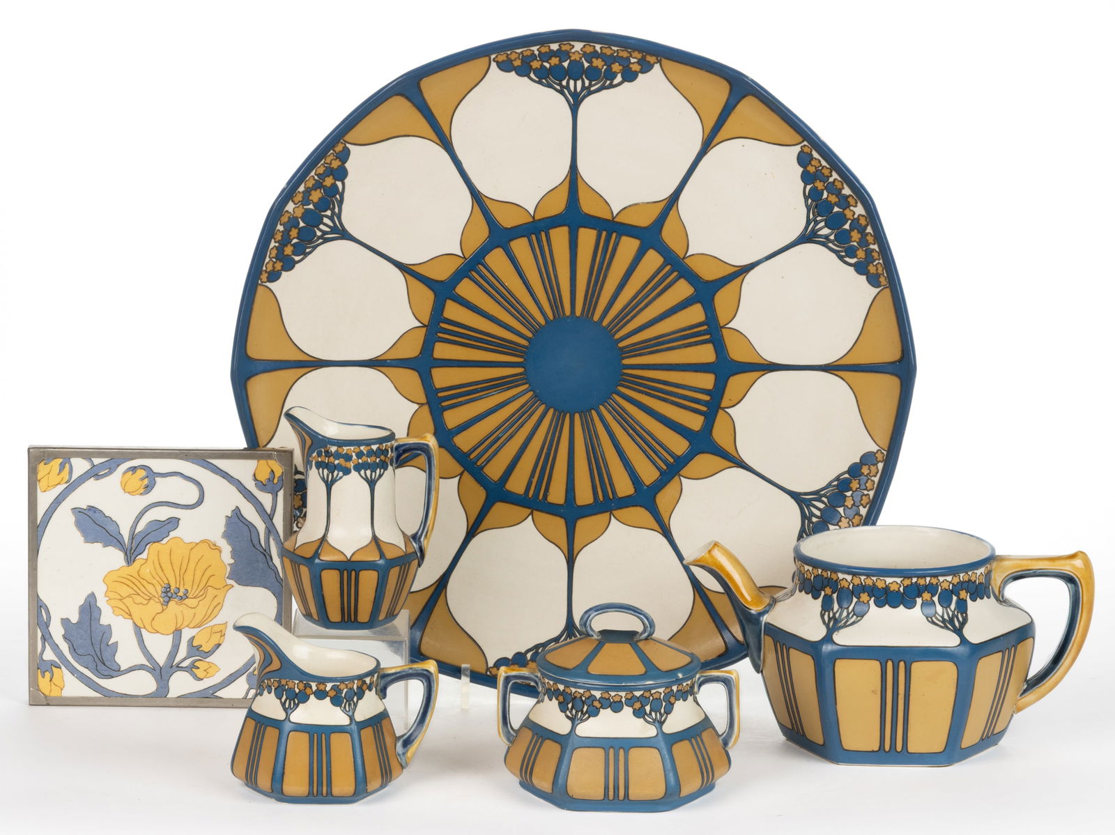 GERMAN METTLACH ARTS AND CRAFTS CERAMIC FIVE-PIECE TEA SET (1 of 2)