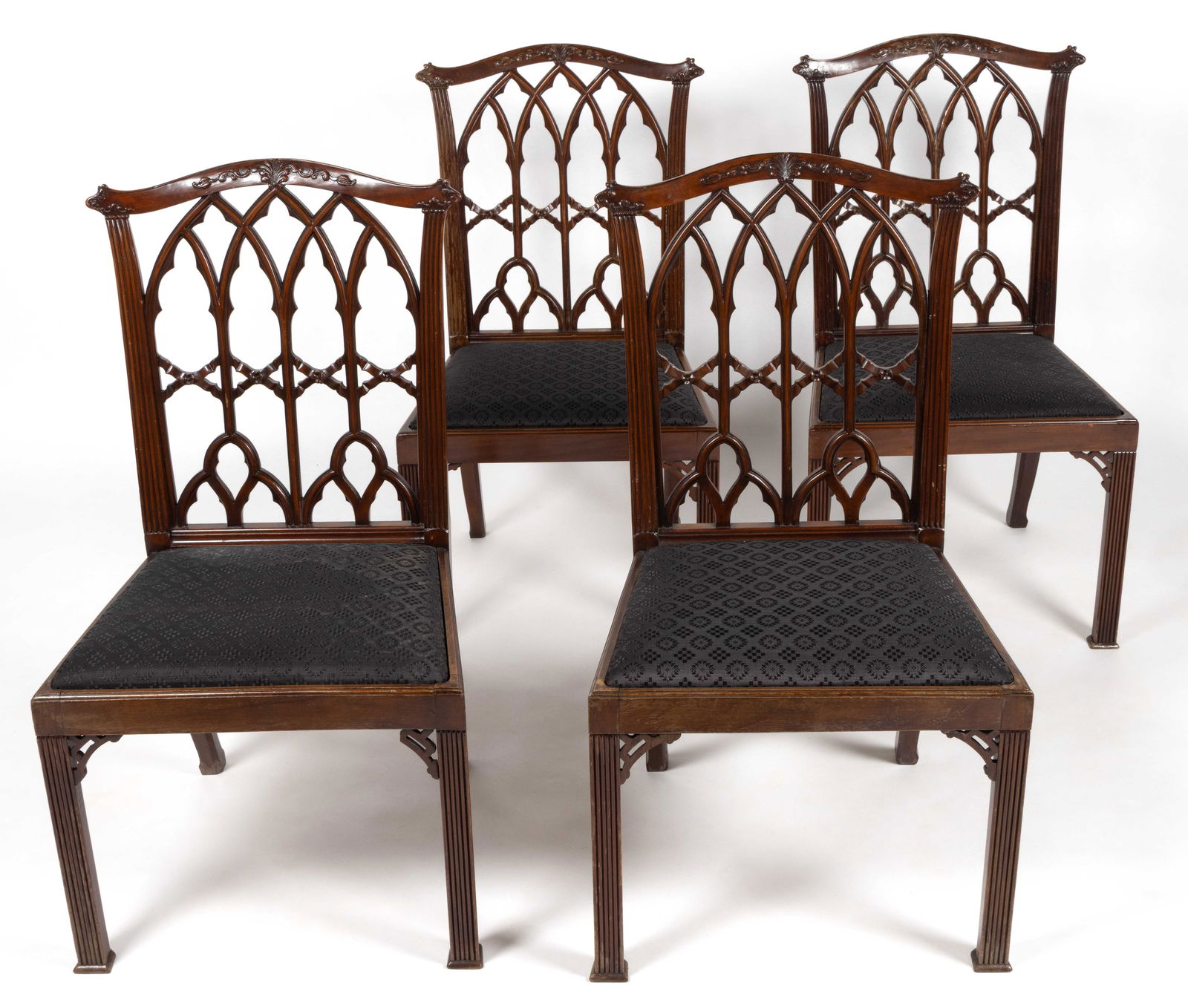 ENGLISH GEORGIAN GOTHIC-BACK CARVED MAHOGANY SIDE CHAIRS, SET OF FOUR (1 of 6)