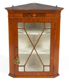 ENGLISH GEORGIAN-STYLE INLAID MAHOGANY DIMINUTIVE HANGING CORNER CABINET