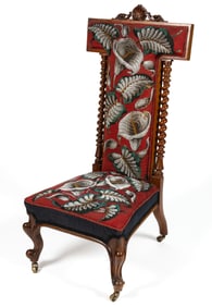 ENGLISH VICTORIAN BARLEY-TWIST MAHOGANY SLIPPER / FIRESIDE CHAIR WITH BEADED UPHOLSTERY