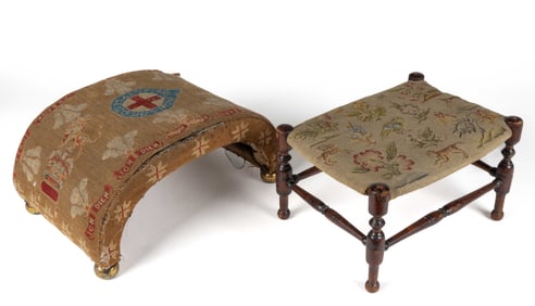 ENGLISH NEEDLEPOINT FOOTSTOOL WITH QUEEN VICTORIA ASSOCIATION