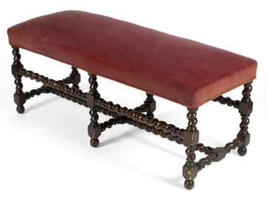 ENGLISH WILLIAM AND MARY STYLE UPHOLSTERED BARLEY-TWIST BENCH