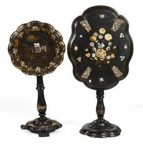 ENGLISH LACQUERED PAPIER-MACHE TILT-TOP TABLES / CANDLESTANDS, LOT OF TWO