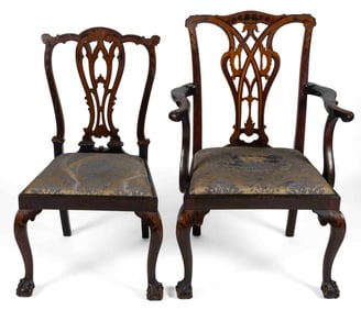 COWTAN & SONS ENGLISH GEORGIAN-STYLE INLAID MAHOGANY ARM AND SIDE CHAIR, LOT OF TWO