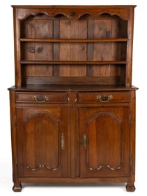 FRENCH LOUIS XIV STYLE INLAID OAK STEPBACK CUPBOARD