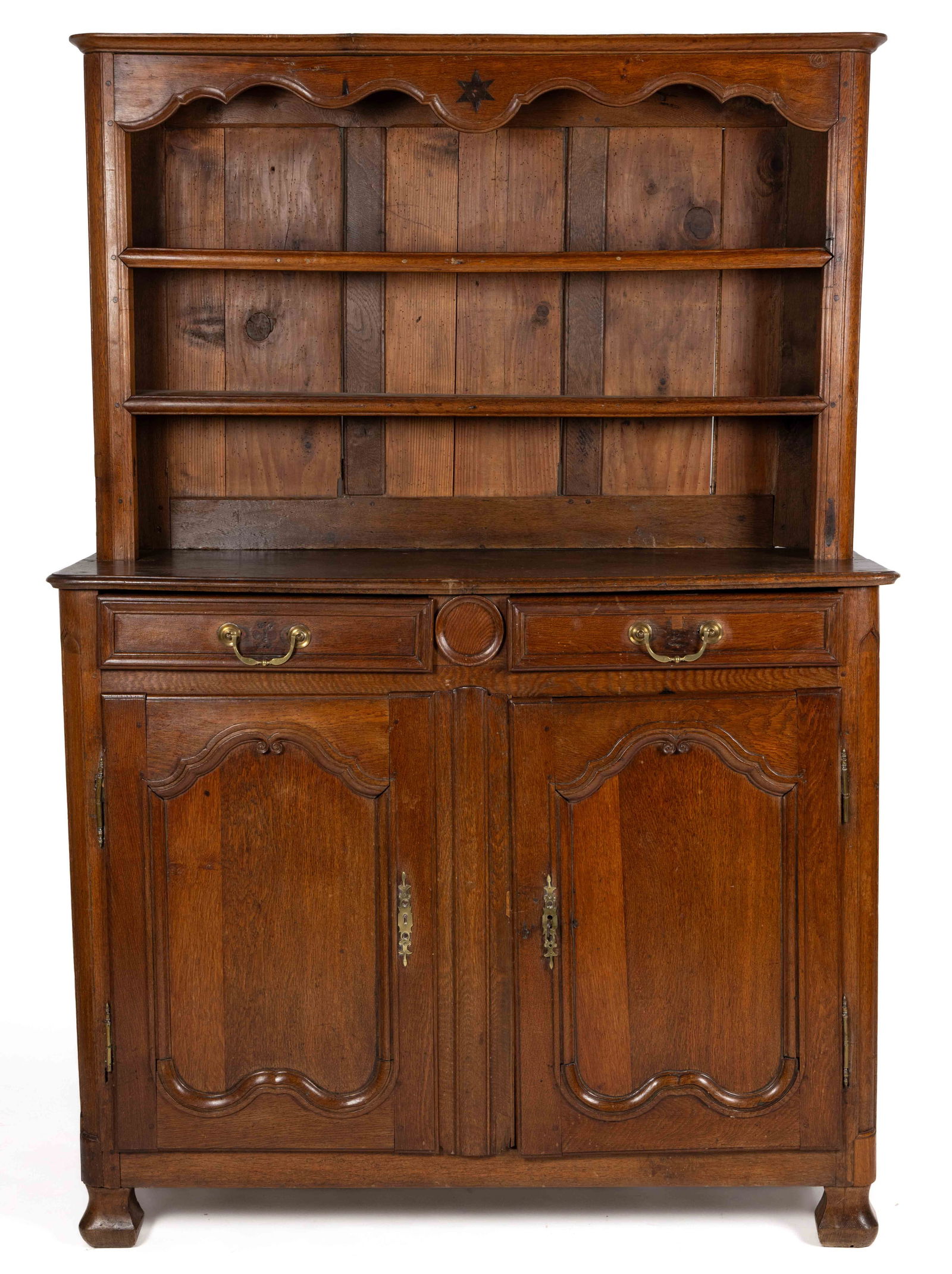 FRENCH LOUIS XIV STYLE INLAID OAK STEPBACK CUPBOARD (1 of 6)