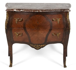 FRENCH LOUIS XV-STYLE INLAID MAHOGANY MARBLE-TOP COMMODE