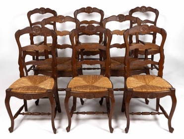 FRENCH PROVINCIAL CARVED OAK DINING CHAIRS, SET OF EIGHT