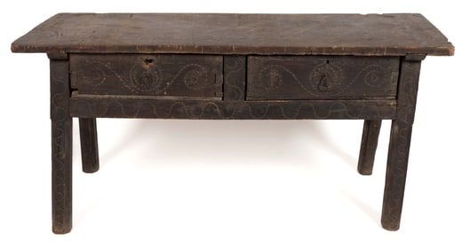 EUROPEAN, PROBABLY SPANISH, CARVED-OAK TWO-DRAWER WORK TABLE