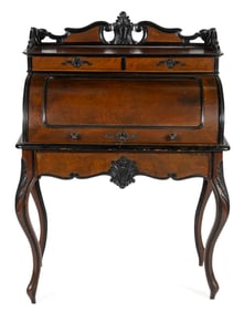 FRENCH LOUIS XV-STYLE MAHOGANY AND BIRD'S-EYE MAPLE ROLL-TOP DESK