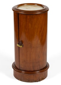EUROPEAN MAHOGANY VENEERED ROUND CABINET WITH INSET MARBLE TOP