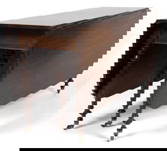 BOSTON AREA, MASSACHUSETTS, FEDERAL MAHOGANY DROP LEAF DINING TABLE: BOSTON AREA, MASSACHUSETTS, FEDERAL MAHOGANY DROP LEAF DINING TABLE, the rectangular single-board top with two hinged rounded-edge leaves on either side, the whole supported by finely turned gadr