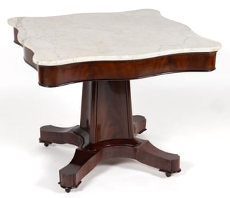 AMERICAN CLASSICAL MAHOGANY MARBLE-TOP CENTER TABLE