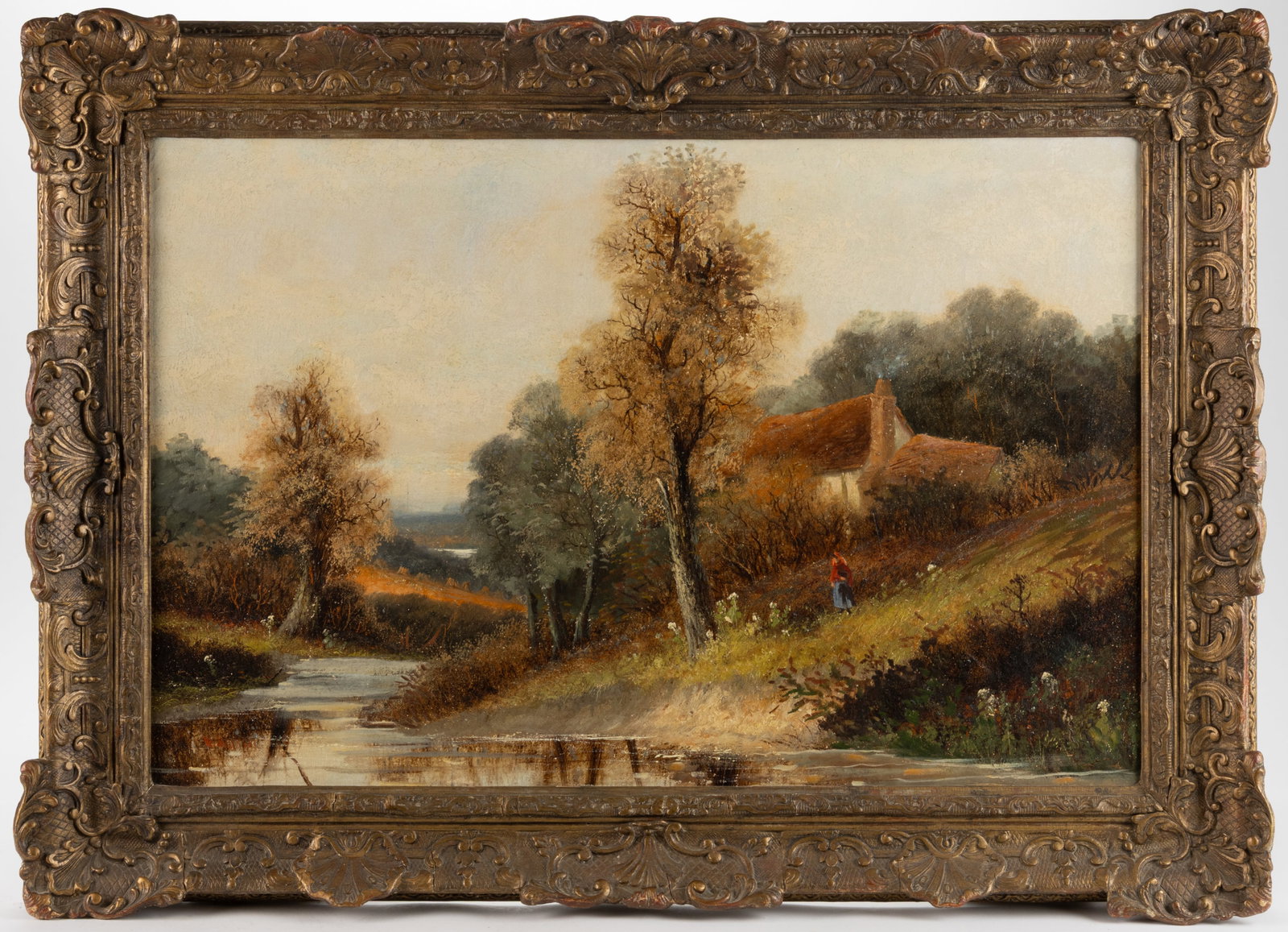 EDWARD CHARLES WILLIAMS (BRITISH, 1807-1881), ATTRIBUTED, LANDSCAPE PAINTING: EDWARD CHARLES WILLIAMS (BRITISH, 1807-1881), ATTRIBUTED, LANDSCAPE PAINTING, oil on canvas, depicting a bucolic country scene with a lady standing at the banks of a wide creek in front of a small cot