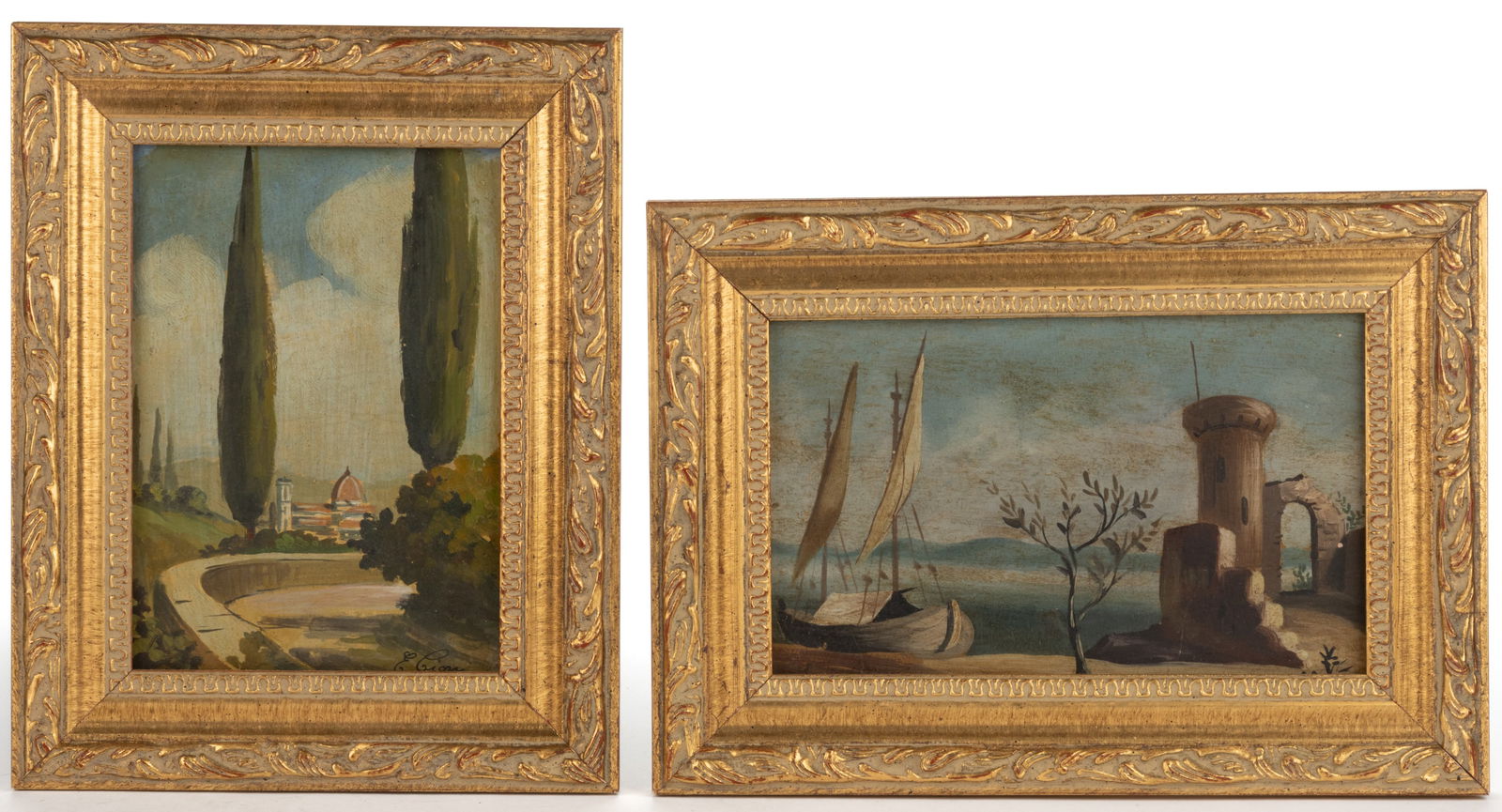 PAIR OF CONTINENTAL SCHOOL (19TH CENTURY) GRAND TOUR-STYLE LANDSCAPE PAINTINGS: PAIR OF CONTINENTAL SCHOOL (19TH CENTURY) GRAND TOUR-STYLE LANDSCAPE PAINTINGS, oil on artist's board, one featuring a Renaissance-style building net to a body of water and a sail boat; the other