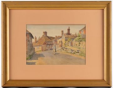 BRITISH OR CONTINENTAL SCHOOL (20TH CENTURY) VILLAGE SCENE WITH FIGURE