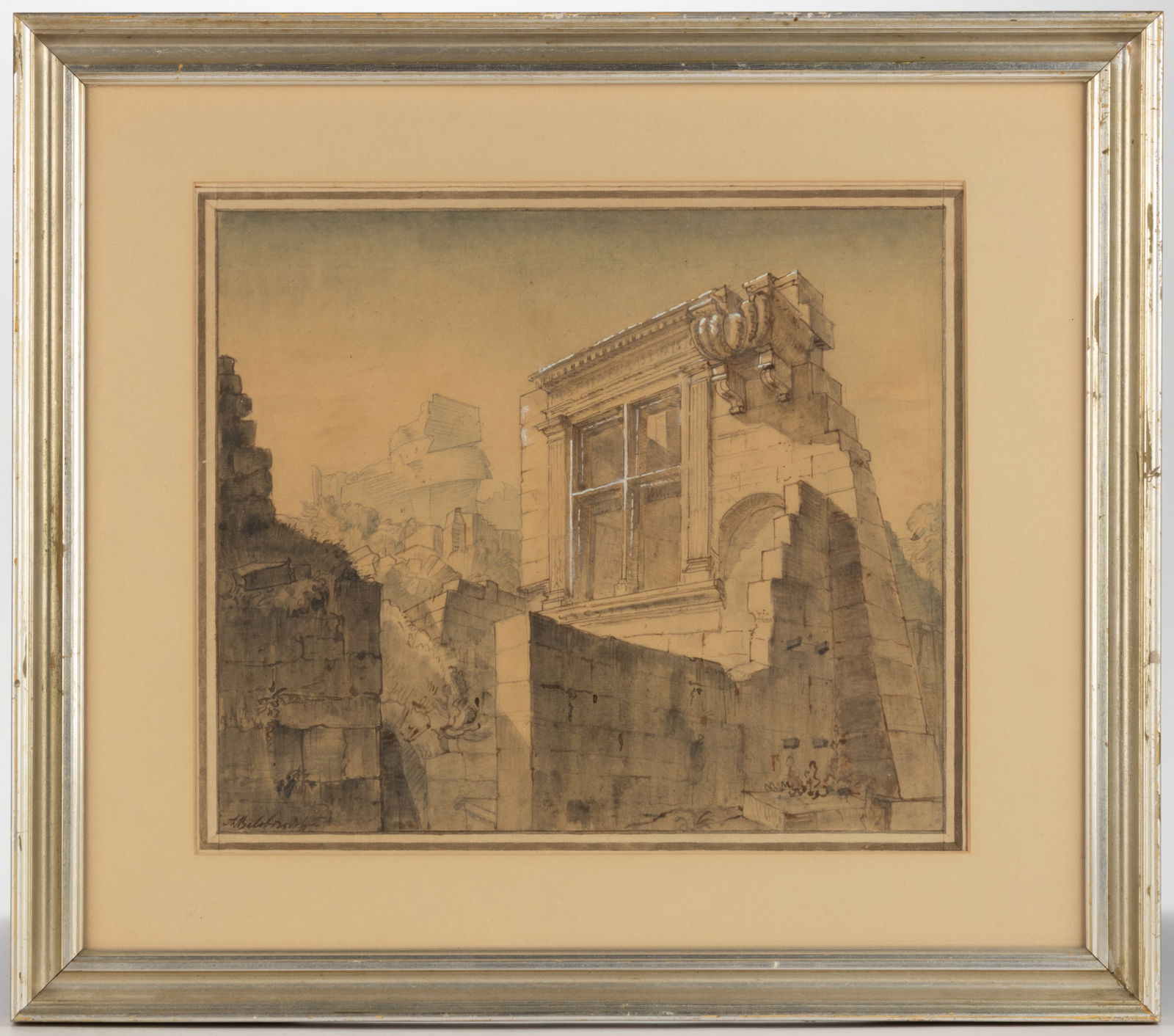 AMERICAN OR EUROPEAN SCHOOL (19TH CENTURY) CLASSICAL RUINS PAINTING: AMERICAN OR EUROPEAN SCHOOL (19TH CENTURY) CLASSICAL RUINS PAINTING, watercolor and gouache on paper, depicting walls of a Classically proportioned block building with a window flanked by reeded colum