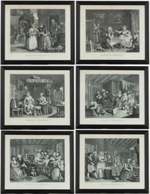 AFTER WILLIAM HOGARTH (ENGLISH, 1697-1764) "HARLOTS PROGRESS" ENGRAVINGS, SET OF SIX