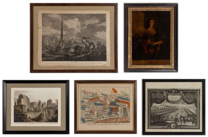 ASSORTED EUROPEAN HISTORICAL AND MILITARY ENGRAVINGS / PRINTS, LOT OF FIVE