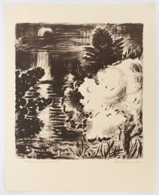 KARL SCHRAG (AMERICAN, 1912-1995) "FLOWERING TREE- MOONLIGHT" LITHOGRAPH