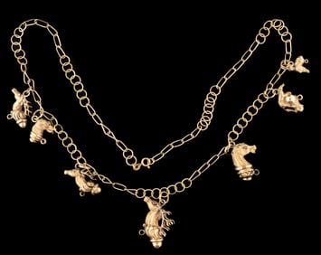 VICTORIAN / ANTIQUE YELLOW GOLD ANIMAL FIGURAL FOBS ON A VINTAGE 9K YELLOW GOLD NECKLACE CHAIN
