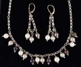 VINTAGE / CONTEMPORARY 14K WHITE GOLD AND PEARL THREE-PIECE JEWELRY SET