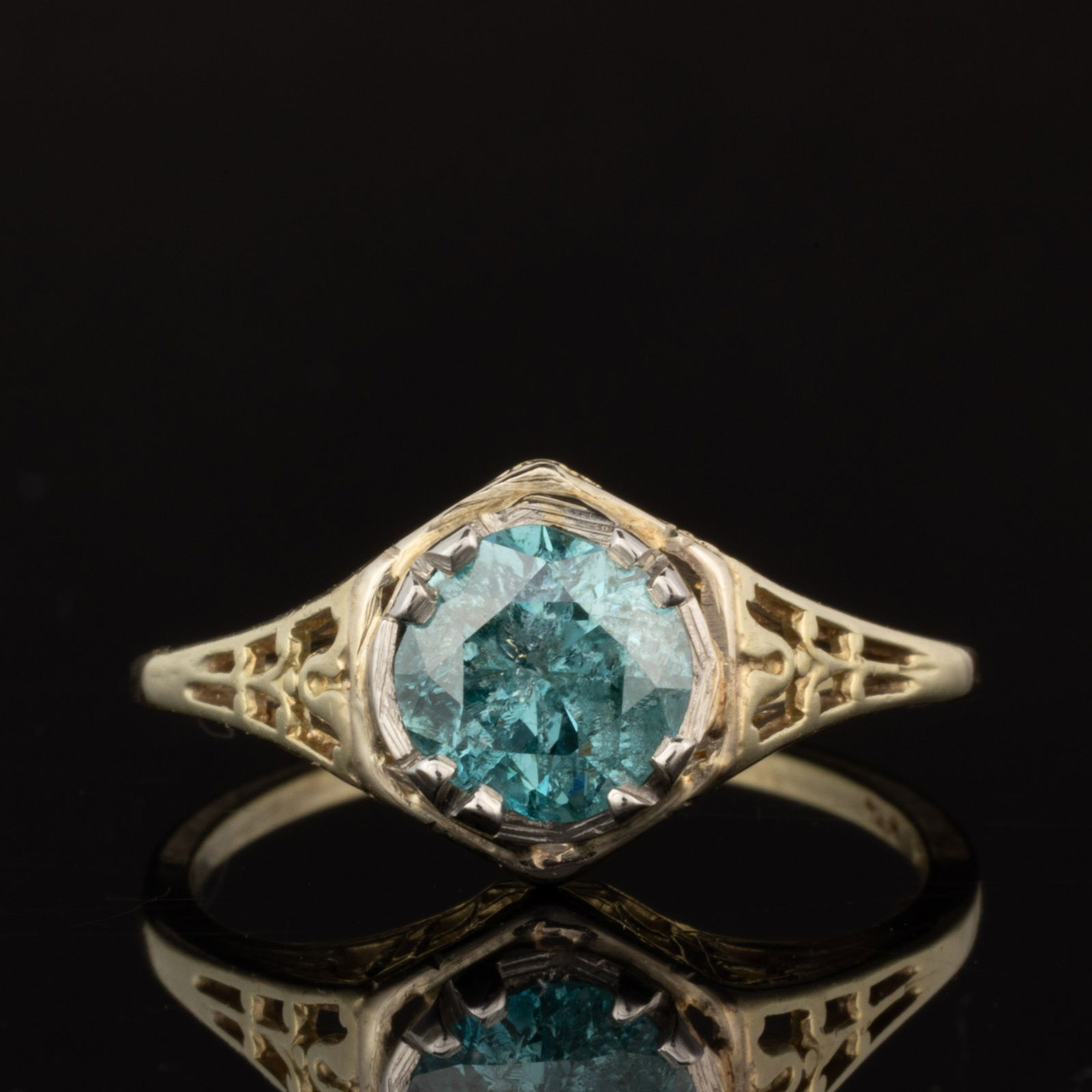 ANTIQUE / VINTAGE ART DECO 14K YELLOW GOLD, PLATINUM, AND APPROX. 1 CT. TREATED DIAMOND LADY'S RING (1 of 3)