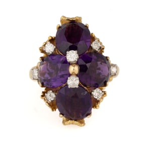 VINTAGE 18K YELLOW GOLD, AMETHYST, AND DIAMOND LADY'S RING